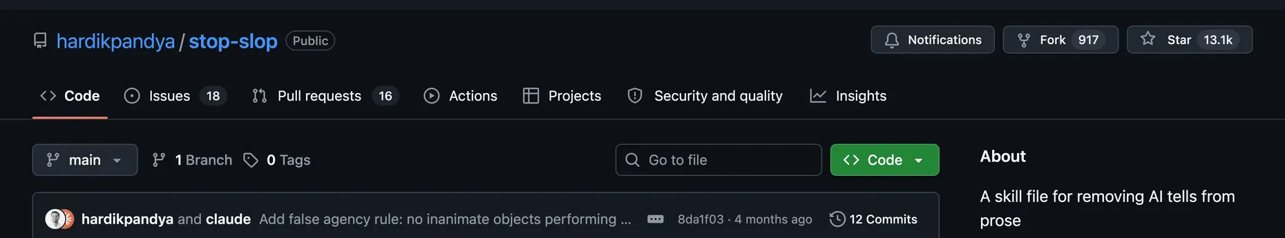 GitHub repo hardikpandya/stop-slop with about 13.1k stars, a skill file for removing AI tells from prose