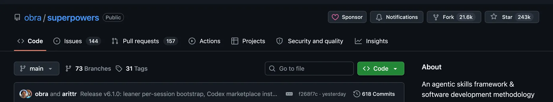 GitHub repo obra/superpowers with 243k stars, described as an agentic skills framework and software development methodology that works