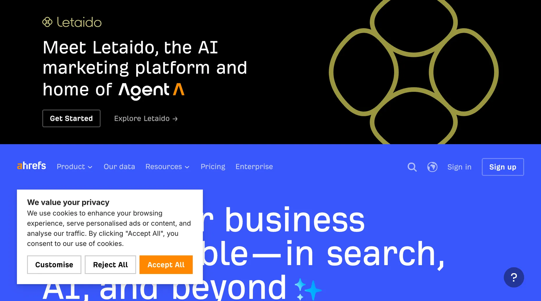 Ahrefs homepage, an AI marketing platform for SEO, backlink and keyword research