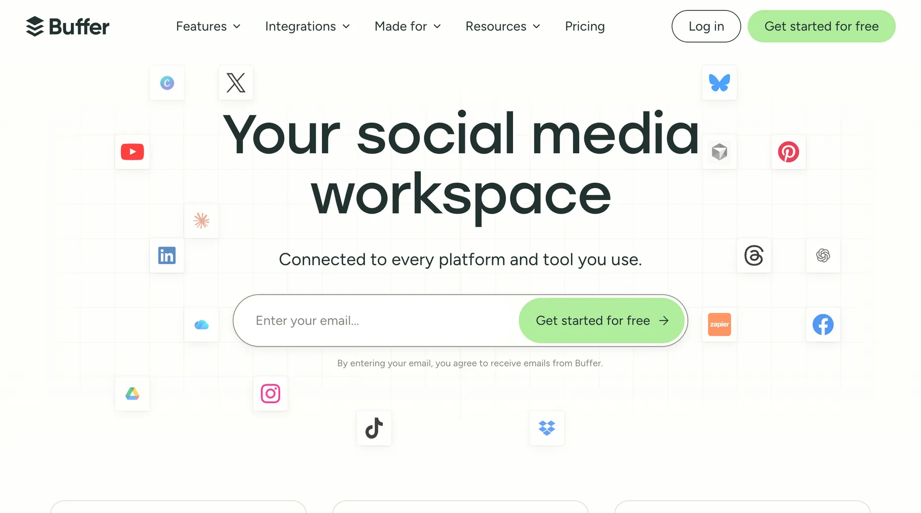 Buffer social media management and scheduling homepage