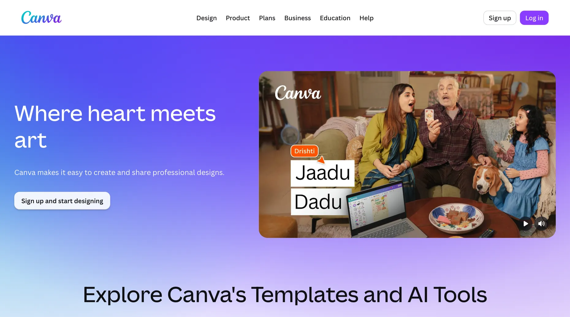 Canva homepage for creating professional designs