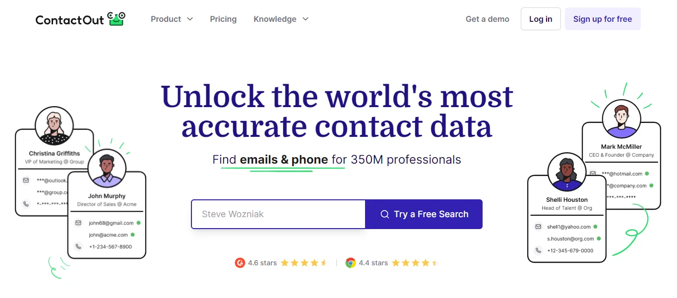 ContactOut homepage showing email and phone lookup for 350M professionals