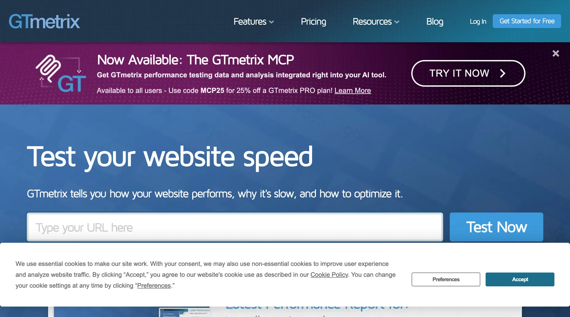 GTmetrix website performance testing homepage