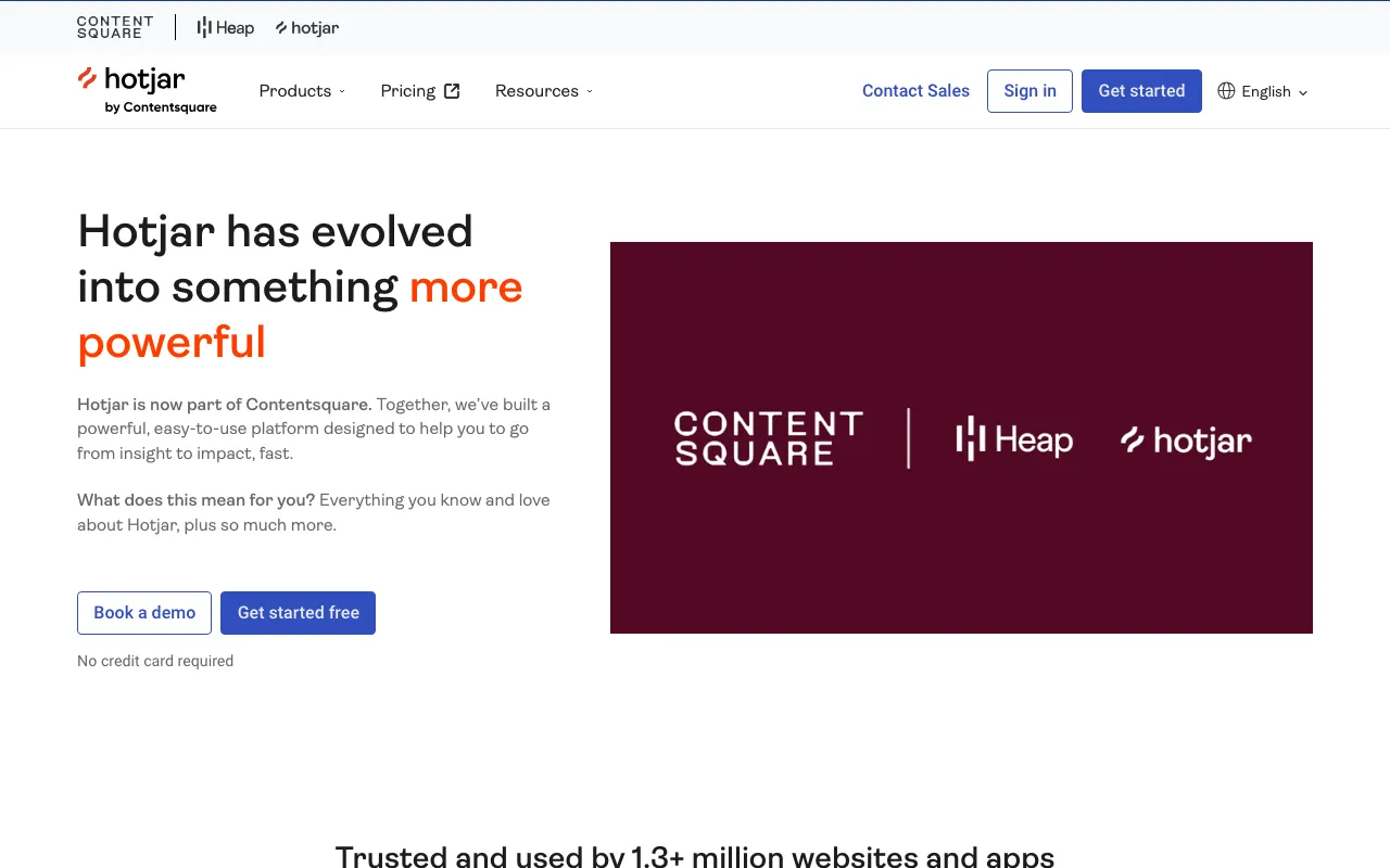 Hotjar homepage showing heatmaps and behaviour analytics, now part of Contentsquare