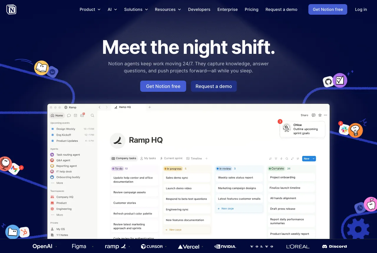 Notion workspace homepage showing a marketing task board with campaign and content tasks
