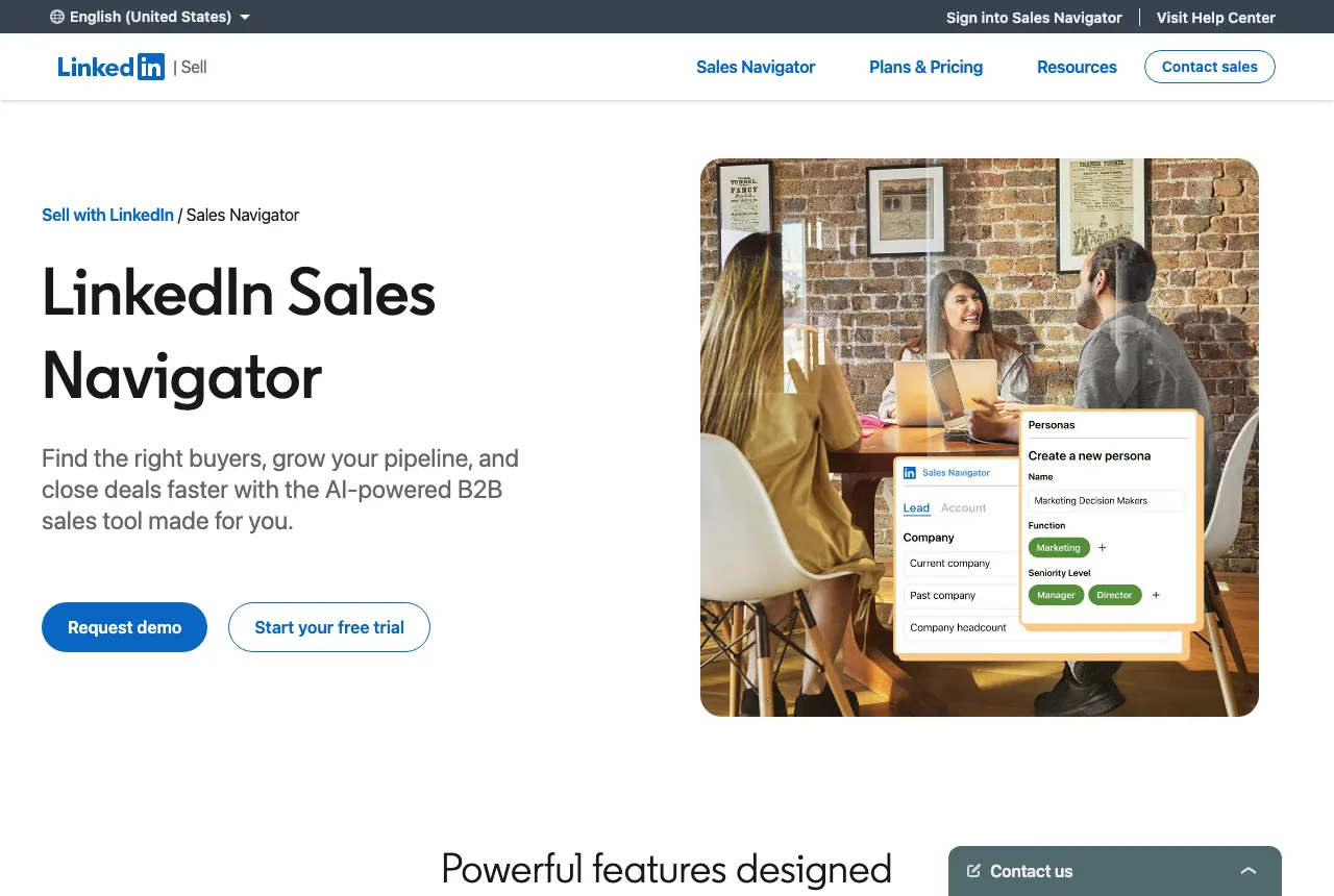 LinkedIn Sales Navigator homepage for AI-powered B2B prospecting with advanced filters