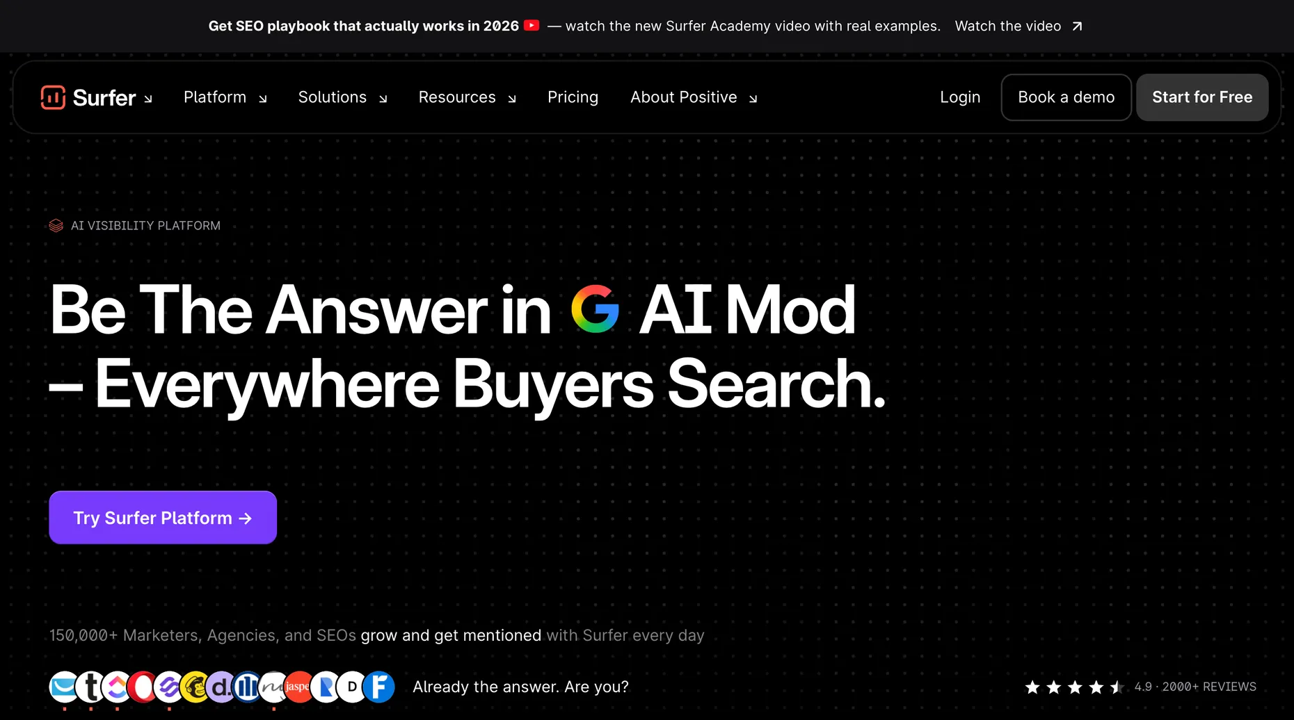 Surfer SEO homepage, an AI visibility and content optimisation platform
