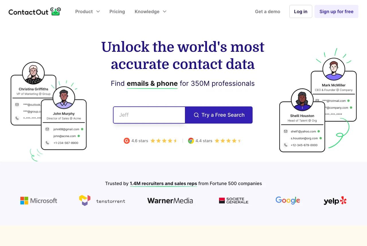ContactOut homepage headed 'Unlock the world's most accurate contact data — find emails & phone for 350M professionals', with contact cards showing work and personal emails.