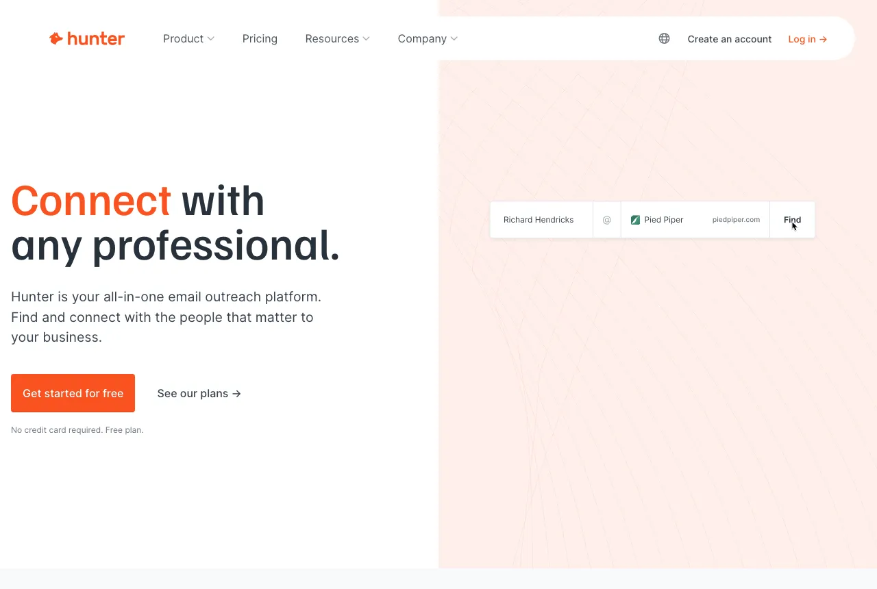 Hunter.io homepage headed 'Connect with any professional', with an email finder widget showing a name, company and Find button.