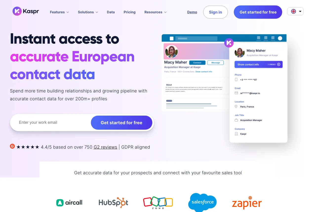 Kaspr homepage headed 'Instant access to accurate European contact data', with a LinkedIn overlay showing phone and email behind a credit reveal.