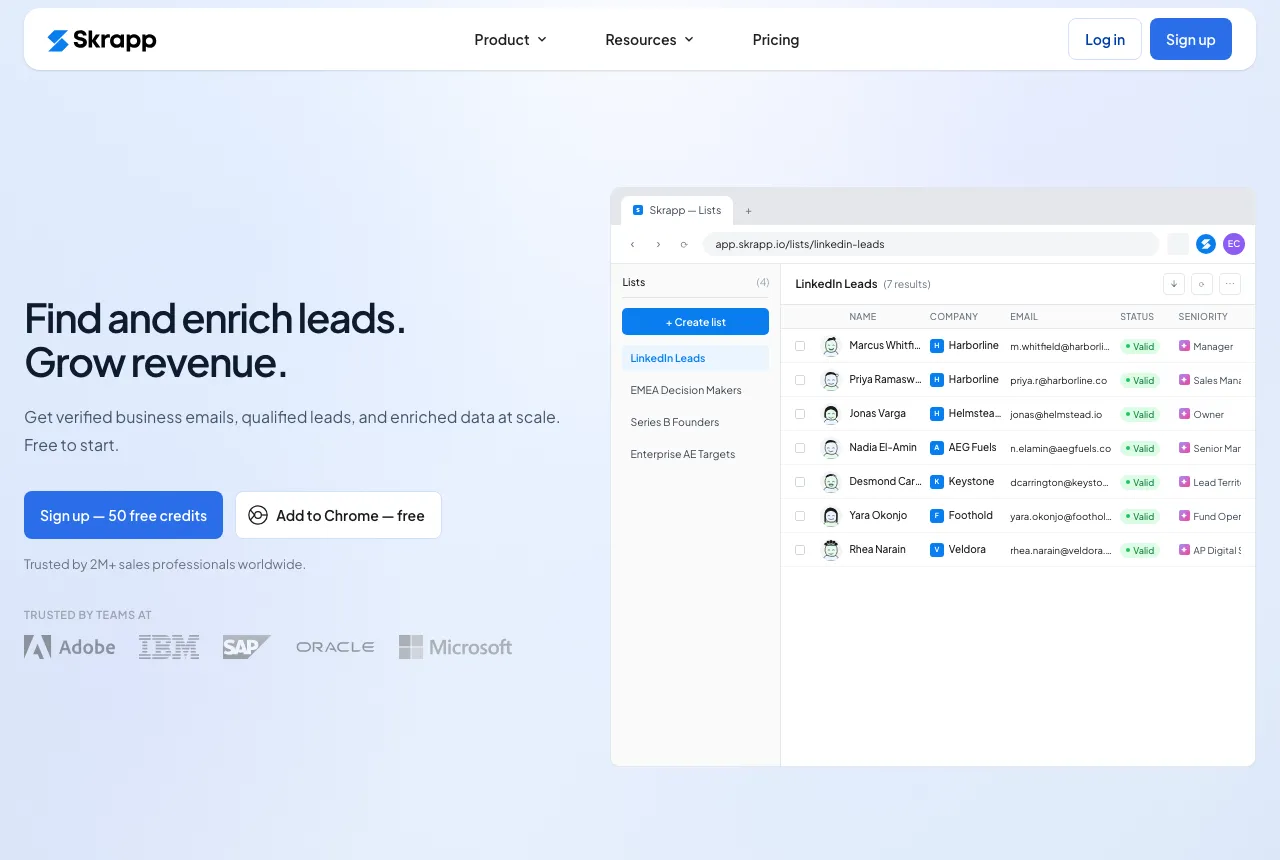 Skrapp.io homepage headed 'Find and enrich leads', with a LinkedIn Leads dashboard showing verified emails and a '50 free credits' button.