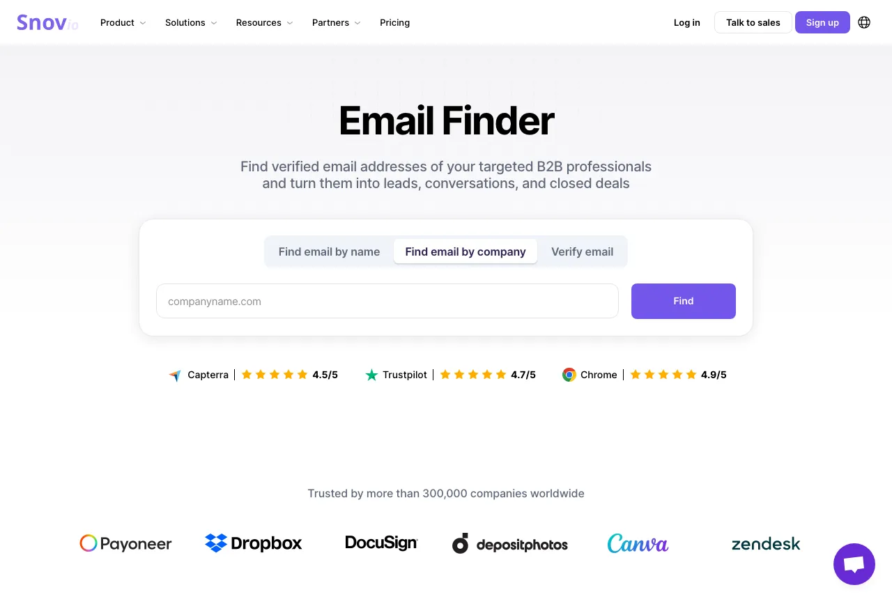 Snov.io Email Finder page with tabs to find email by name, by company, or verify email, and a search box.