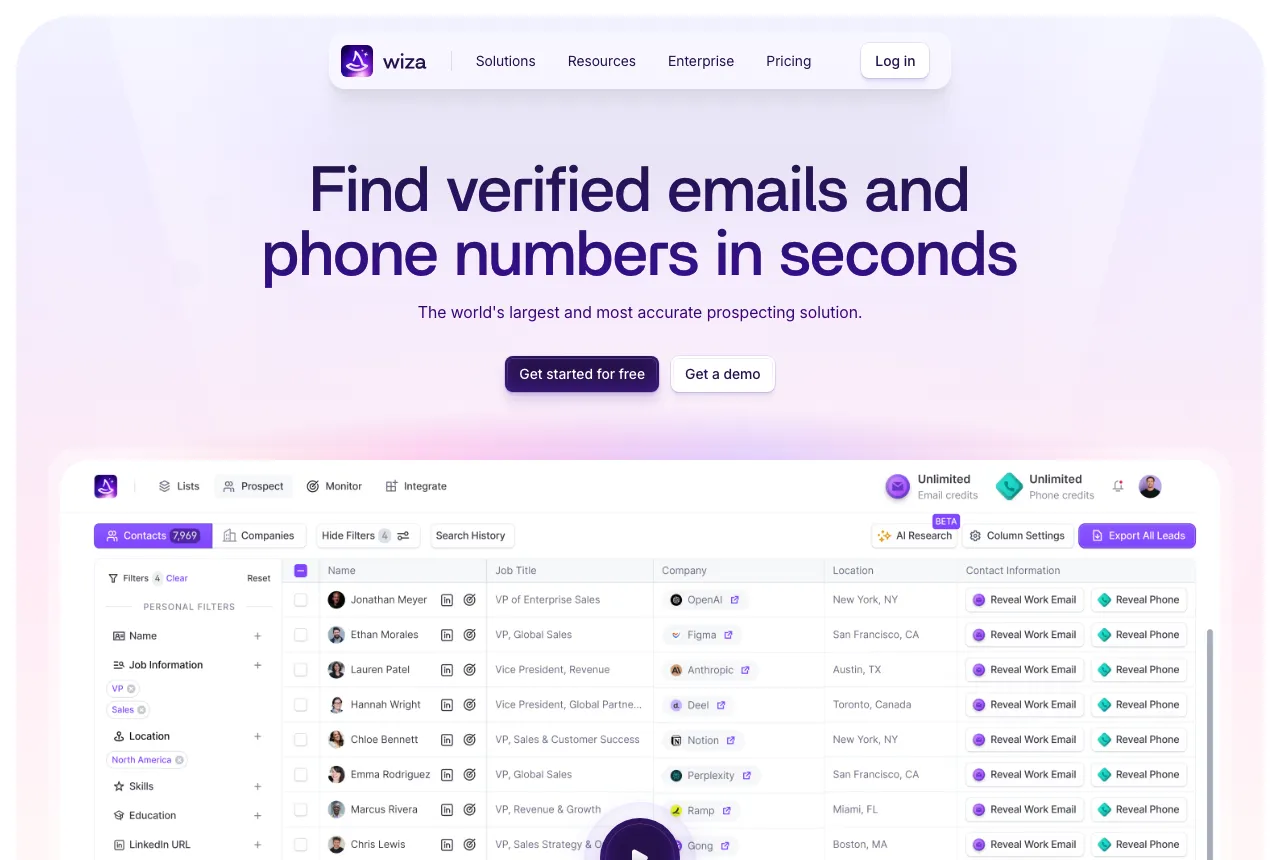 Wiza homepage headed 'Find verified emails and phone numbers in seconds', with a prospecting dashboard showing Reveal Work Email and Reveal Phone buttons.