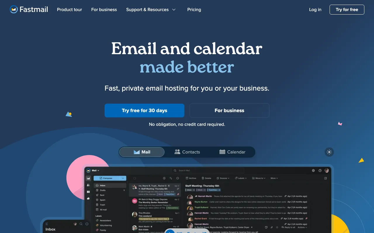 Fastmail homepage screenshot
