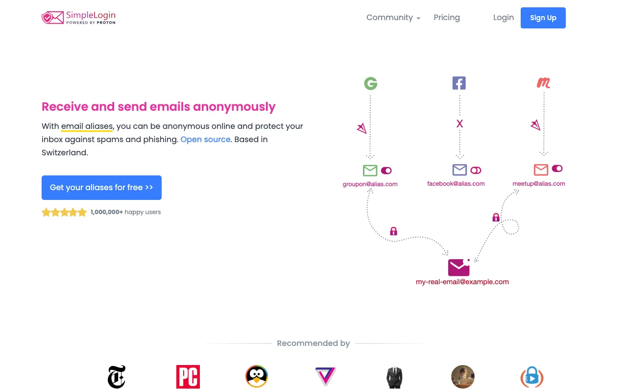 SimpleLogin homepage screenshot