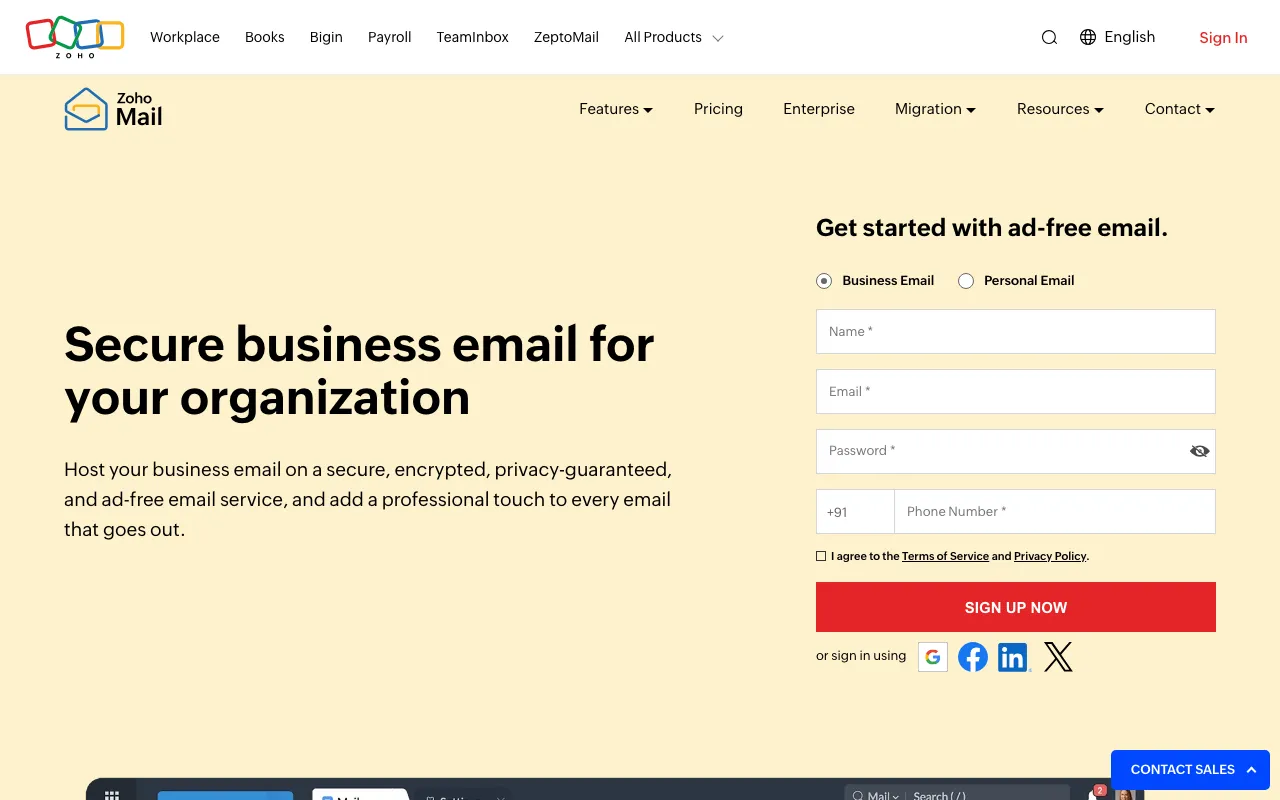 Zoho Mail homepage screenshot