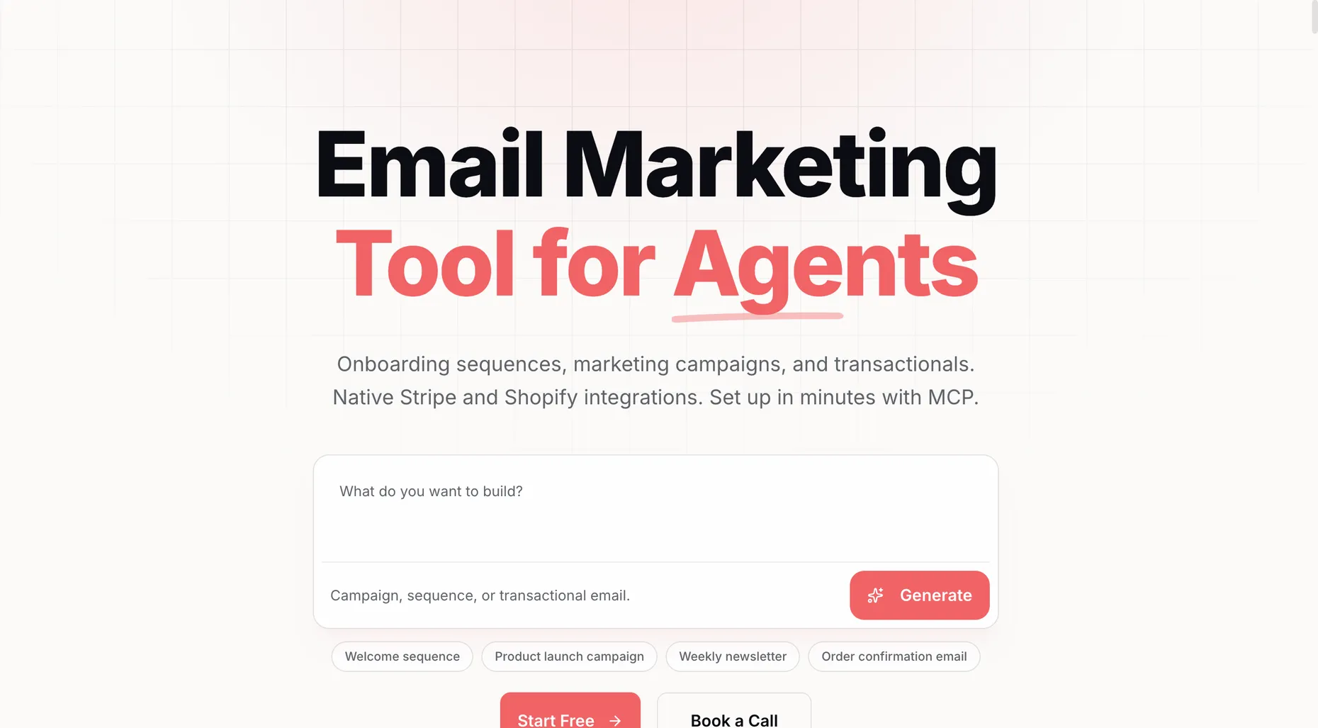 Sequenzy homepage headed Email Marketing Tool for Agents, with a prompt box to build a campaign, sequence or transactional email and native Stripe and Shopify integrations