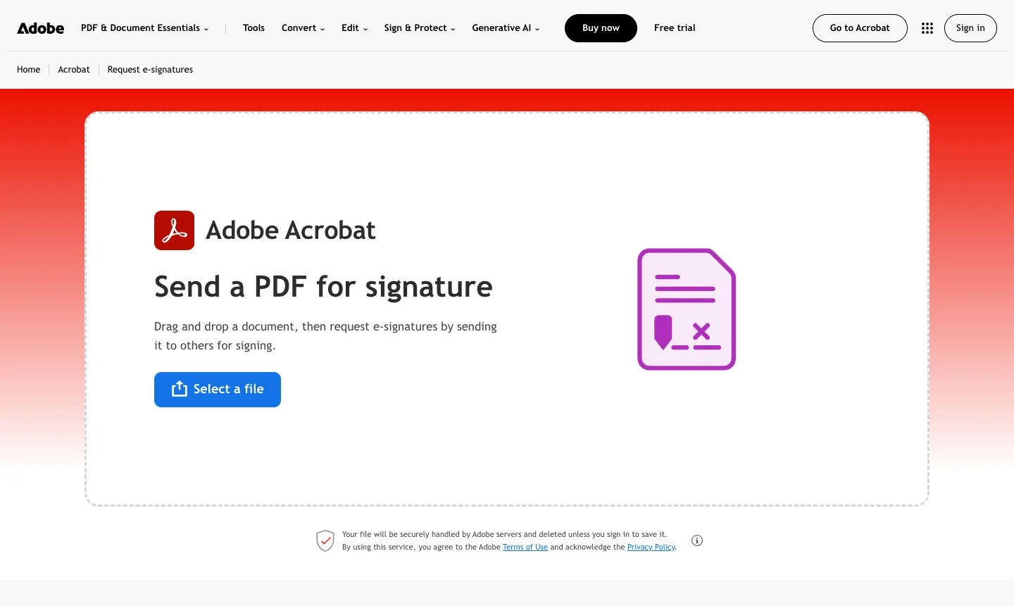 Adobe Acrobat Send a PDF for signature page with a Select a file button