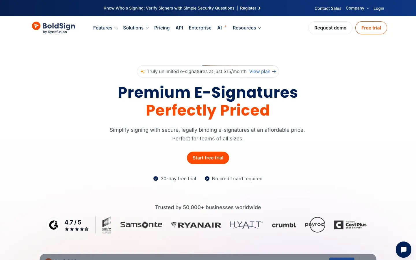 BoldSign homepage with the headline Premium E-Signatures Perfectly Priced, a 4.7 G2 rating, and a banner for unlimited e-signatures at 15 dollars a month