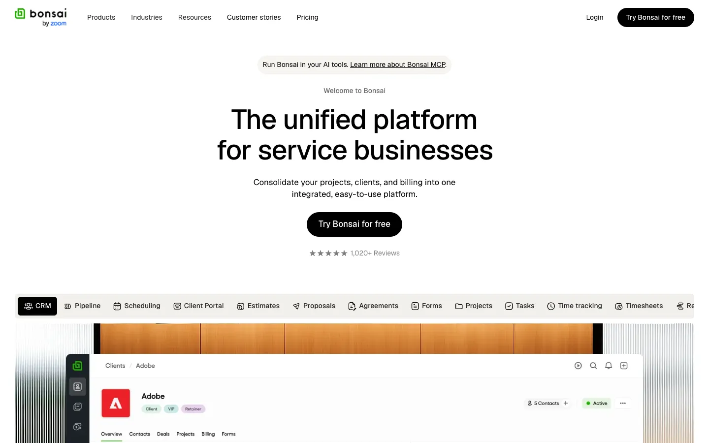 Bonsai by Zoom homepage with the headline The unified platform for service businesses and a CRM client view
