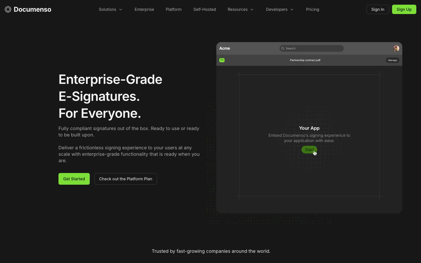 Documenso homepage with the headline Enterprise-Grade E-Signatures. For Everyone. and an embedded signing preview