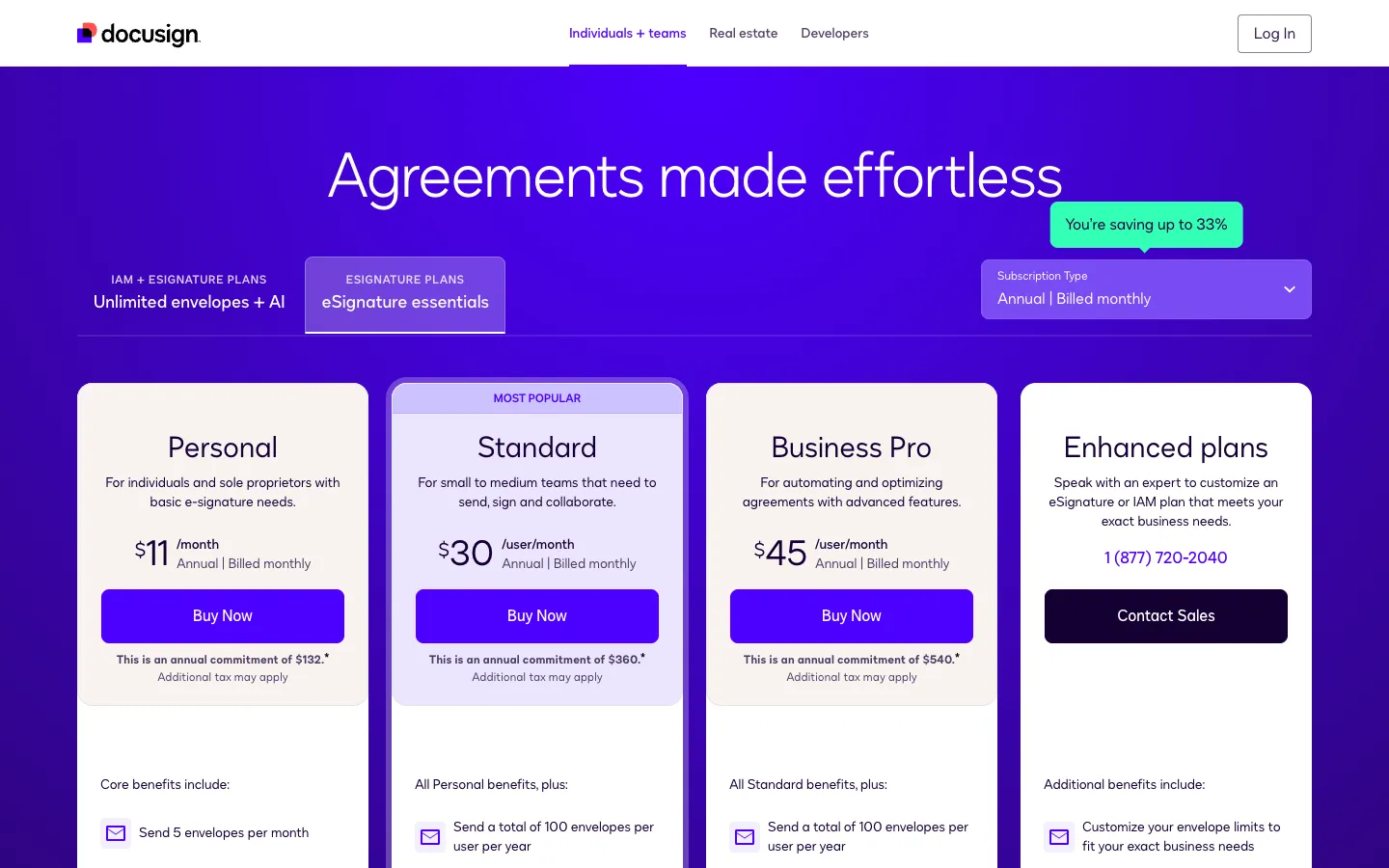DocuSign eSignature pricing page showing Personal at $11 a month, Standard at $30, Business Pro at $45, and Personal limited to 5 envelopes per month