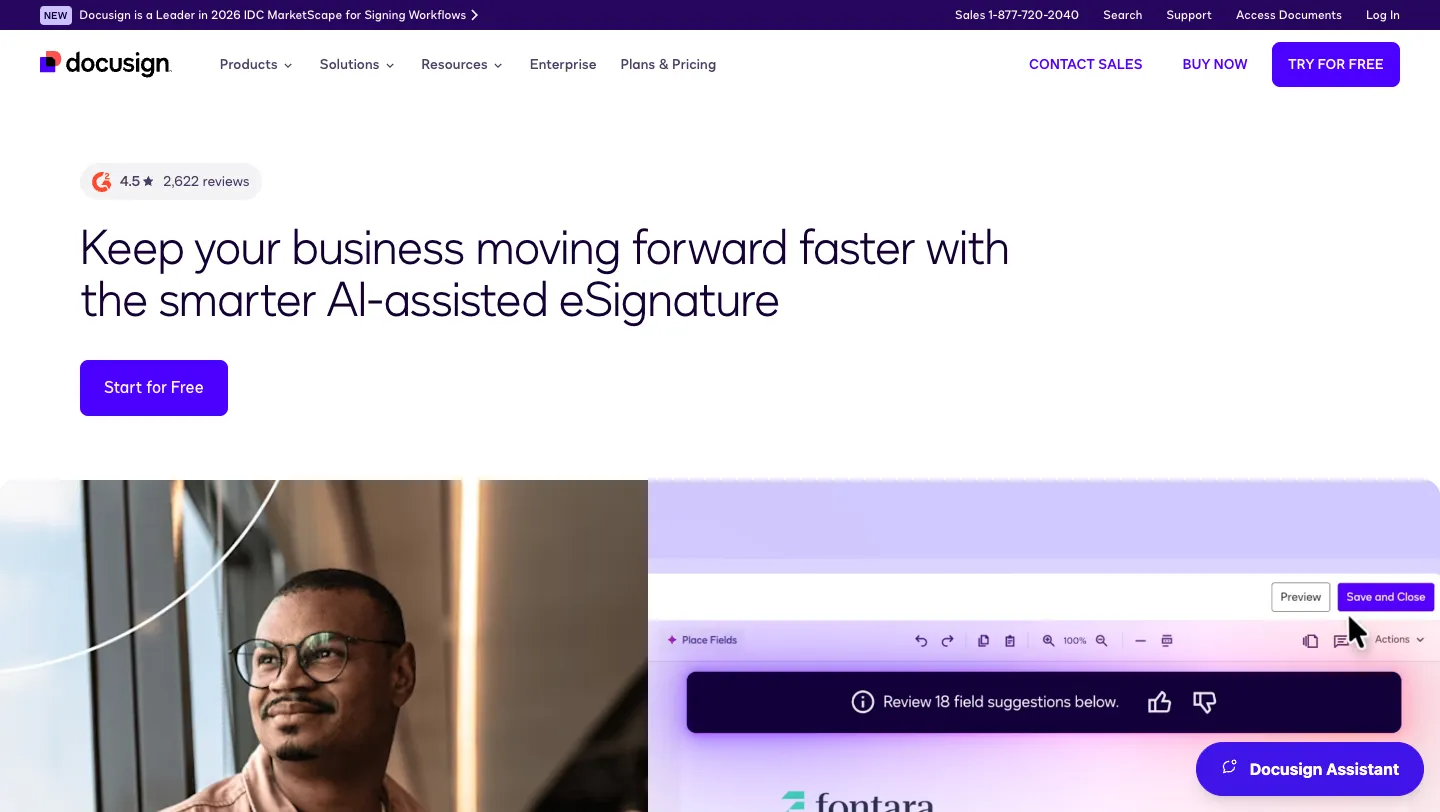 DocuSign homepage with the headline Keep your business moving forward faster with the smarter AI-assisted eSignature and a 4.5 G2 rating from 2,622 reviews