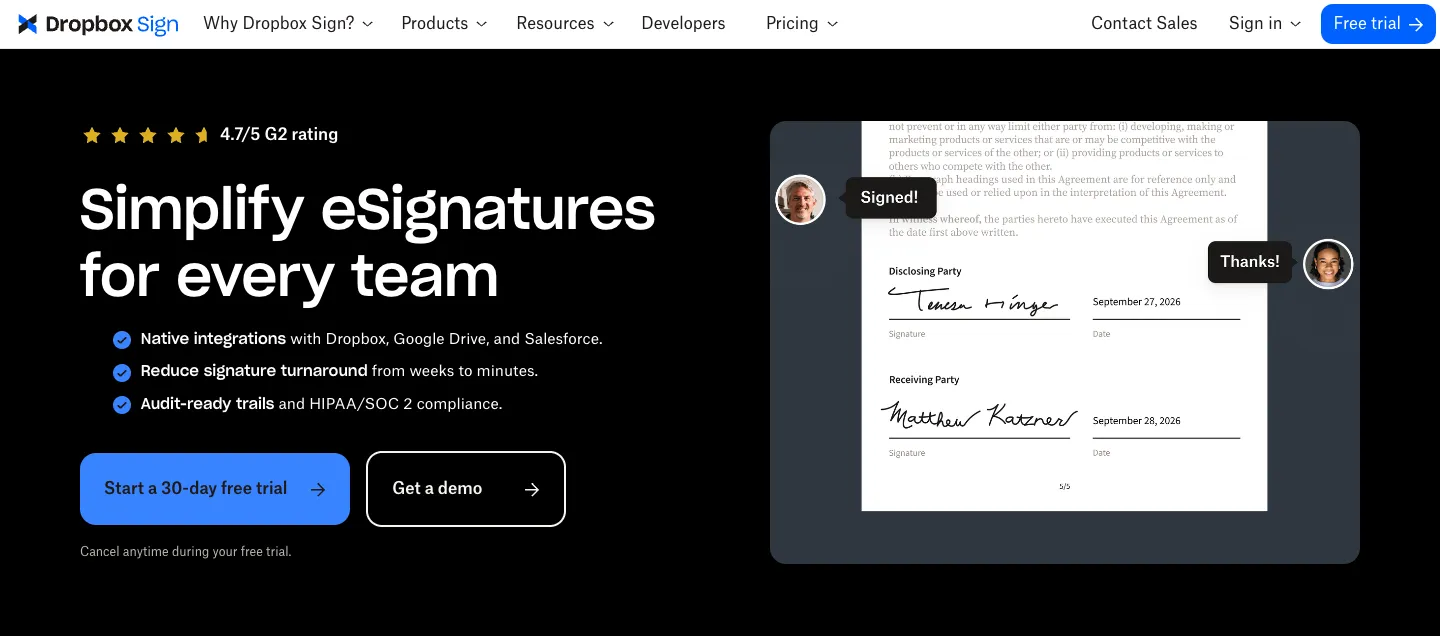 Dropbox Sign homepage with the headline Simplify eSignatures for every team, a 4.7 G2 rating, and a signed agreement preview