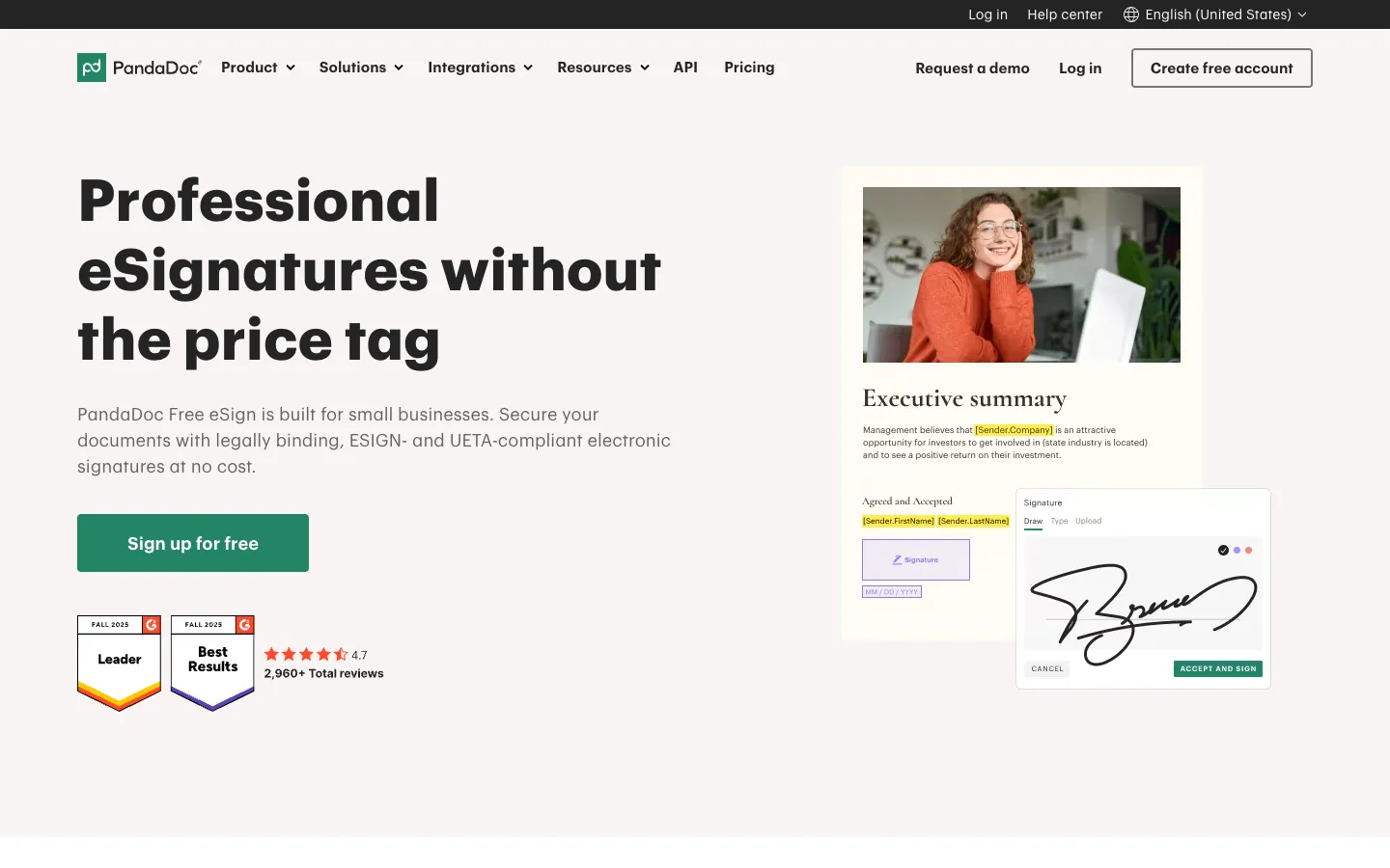 PandaDoc Free eSign page with the headline Professional eSignatures without the price tag and a signed executive summary document