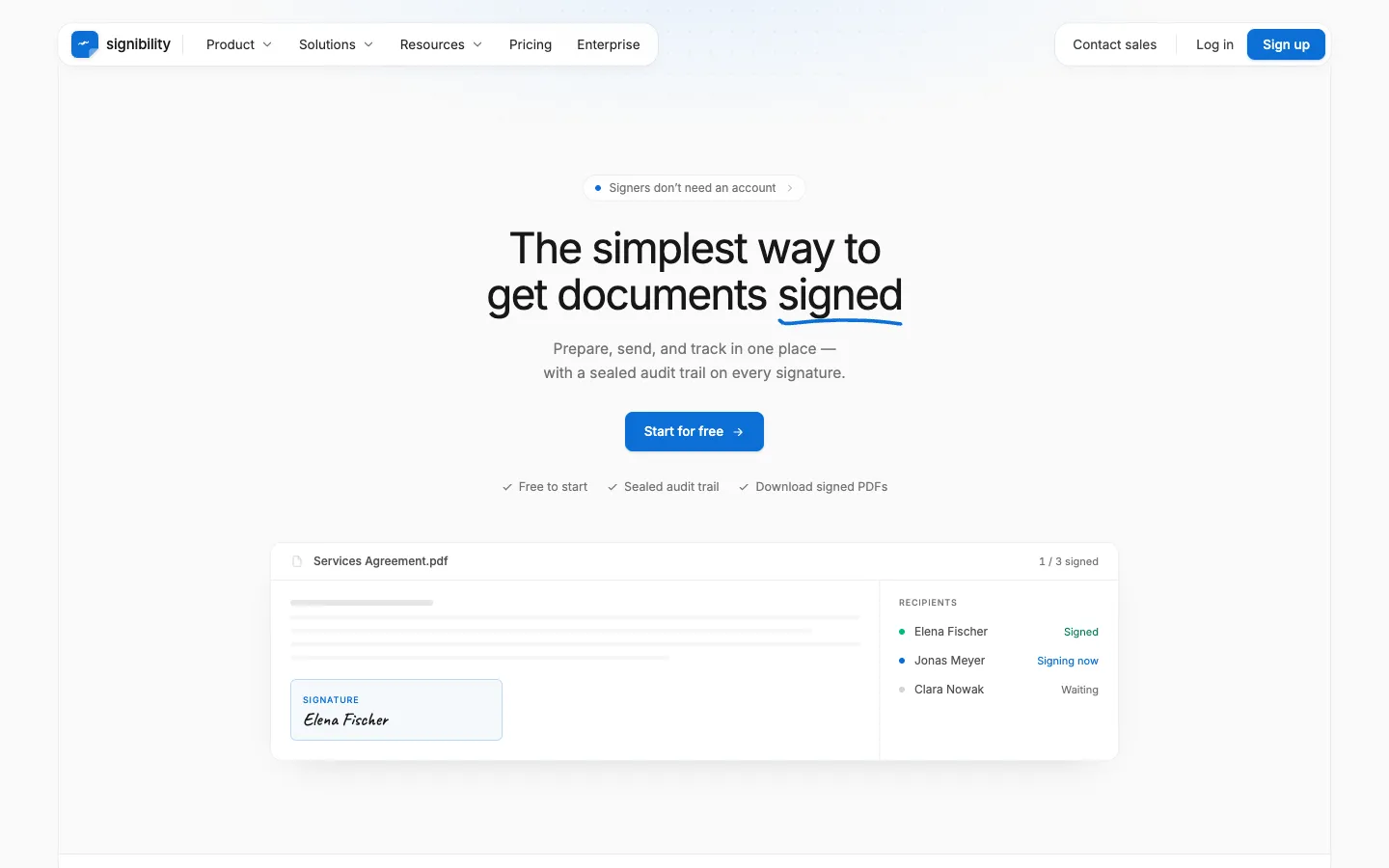 Signibility homepage with the headline The simplest way to get documents signed, a Start for free button, and a services agreement showing three recipients and their signing status