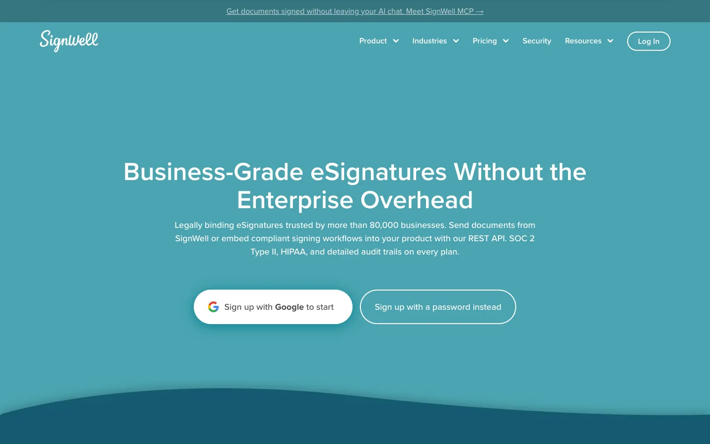 SignWell homepage with the headline Business-Grade eSignatures Without the Enterprise Overhead, trusted by more than 80,000 businesses