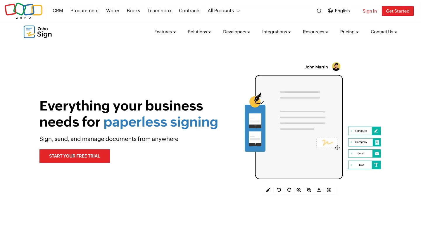 Zoho Sign features page with the headline Everything your business needs for paperless signing and a document with signature, company, email and text fields