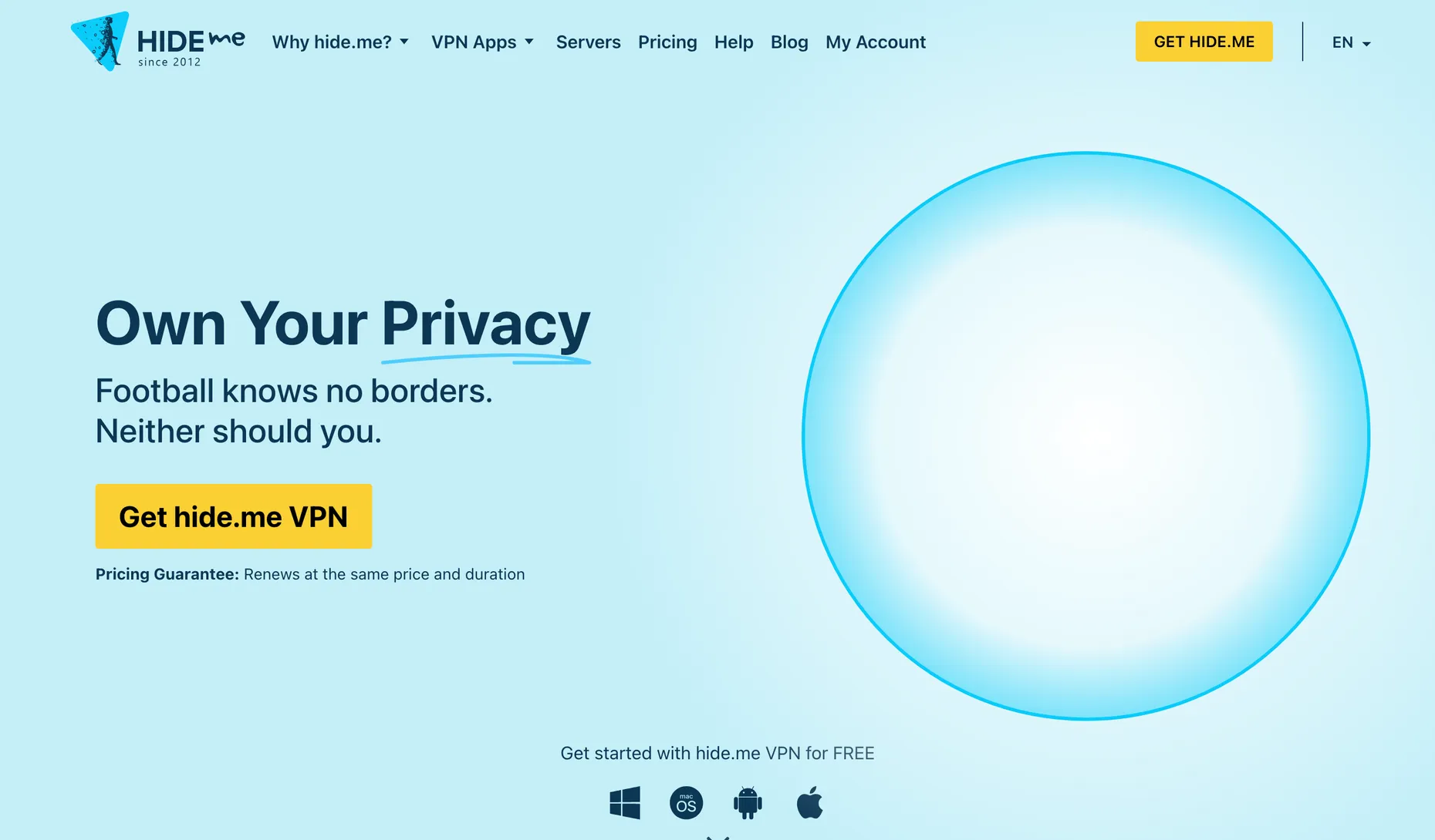 Hide.me free VPN homepage inviting users to get started with hide.me VPN for free