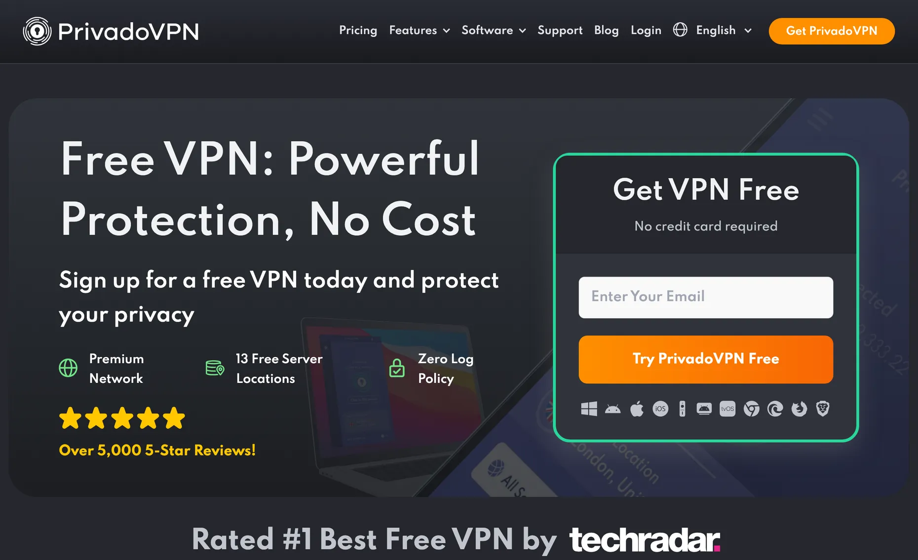 PrivadoVPN free VPN homepage advertising powerful protection at no cost with 13 free server locations