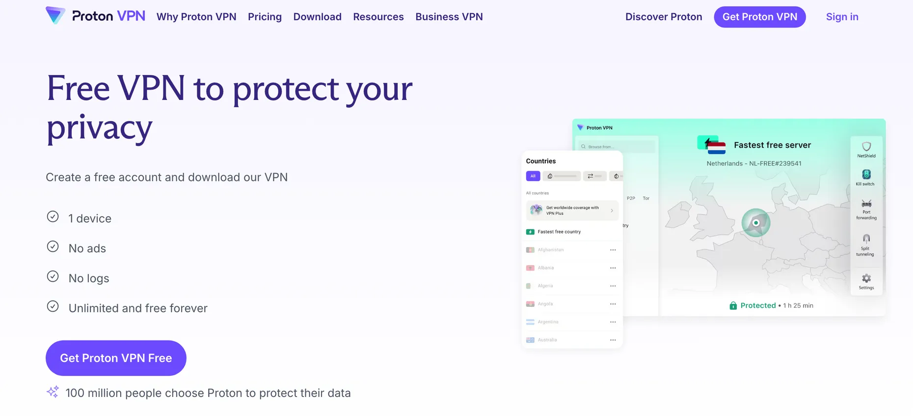 Proton VPN free plan homepage showing unlimited-data free VPN for PC