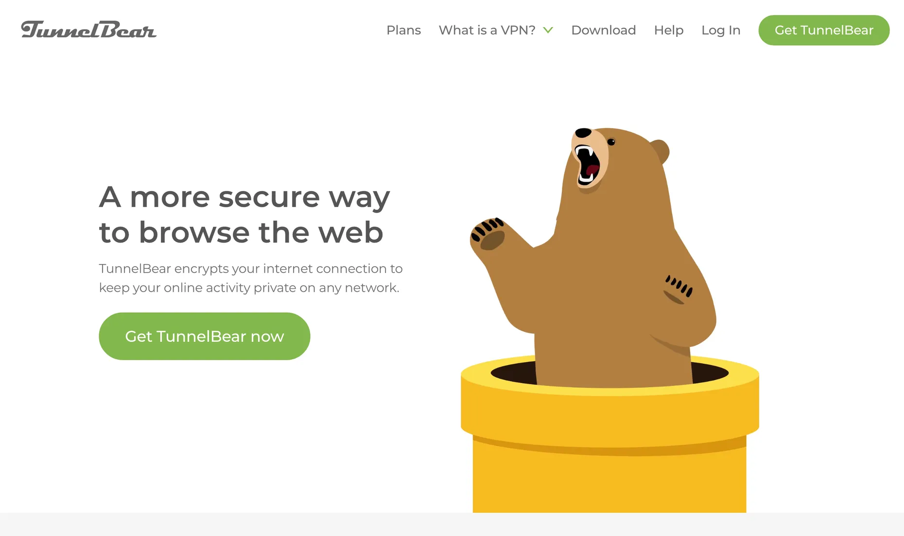 TunnelBear homepage, a simple free VPN for PC with a friendly bear mascot