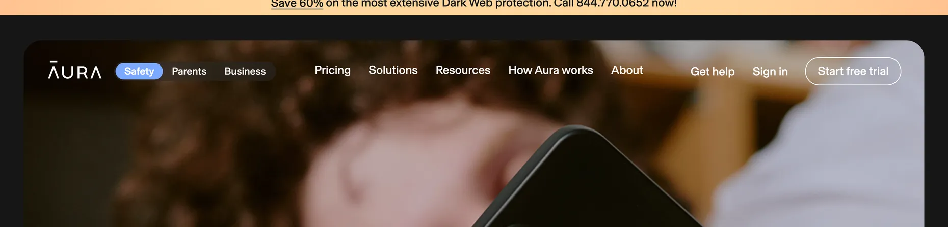 Aura homepage: A lot rides on your identity staying yours, with a Save 60% Dark Web protection banner