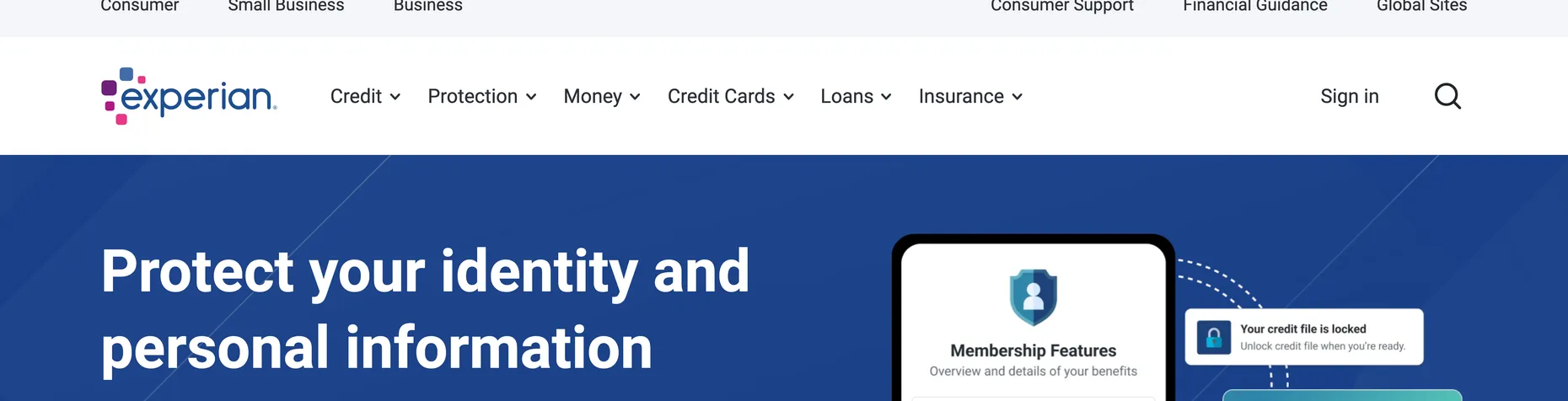 Experian identity protection page: protect your identity and personal information, up to $1 million ID theft insurance, CreditLock and dark web monitoring