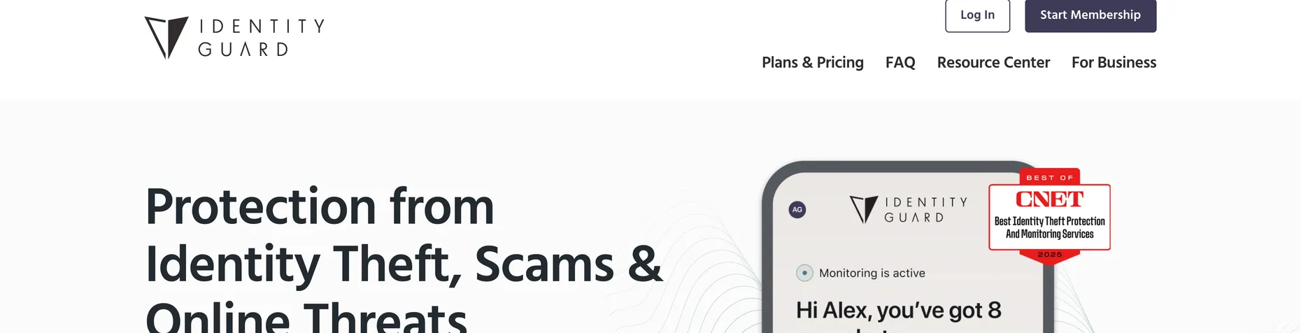 Identity Guard homepage: Protection from Identity Theft, Scams and Online Threats, with a CNET best-of badge