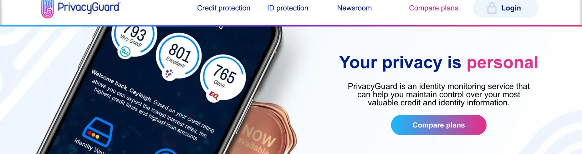 PrivacyGuard homepage: Your privacy is personal, an identity monitoring service to control your credit and identity information