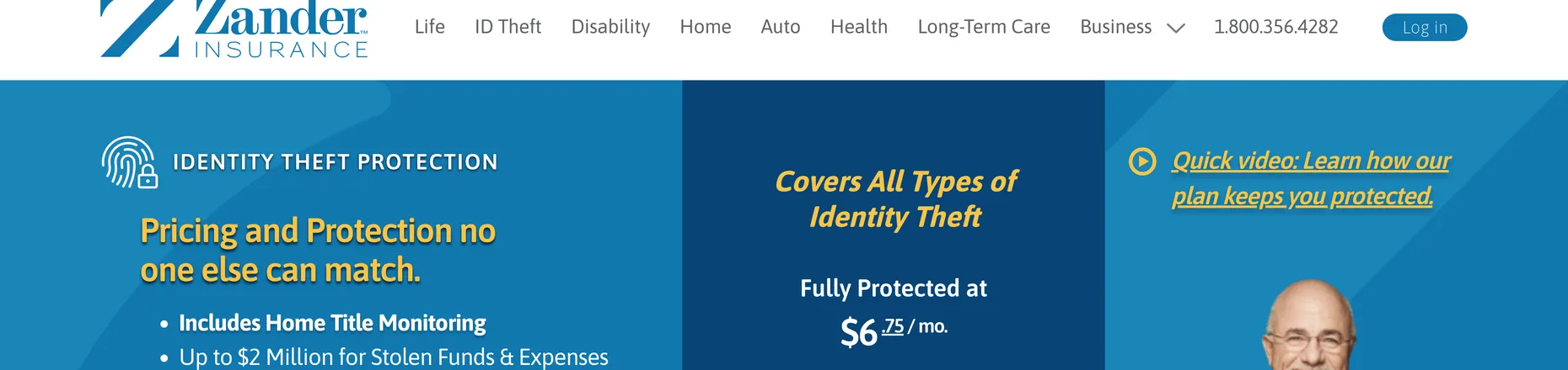 Zander Insurance identity theft protection page: fully protected at $6.25 a month, endorsed by the Ramsey Show, family plans cover children for free