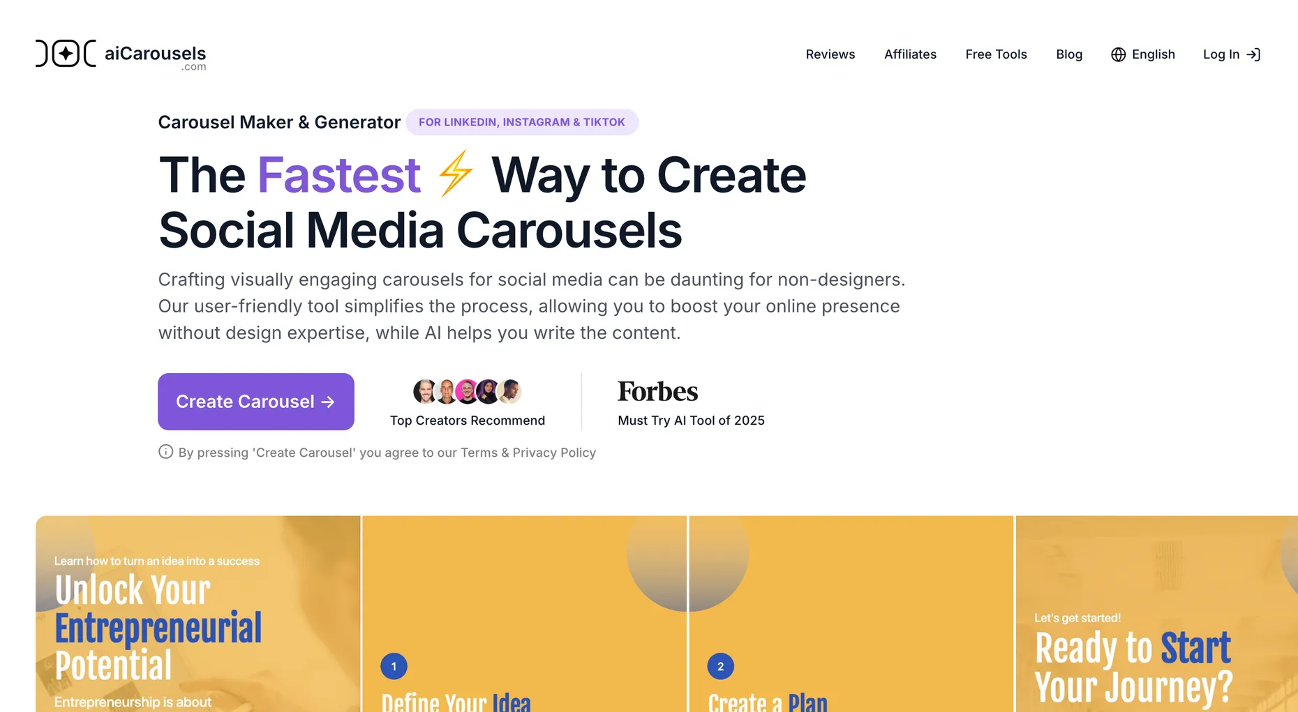 The aiCarousels homepage, headline The Fastest Way to Create Social Media Carousels, for LinkedIn, Instagram and TikTok, with a Forbes mention