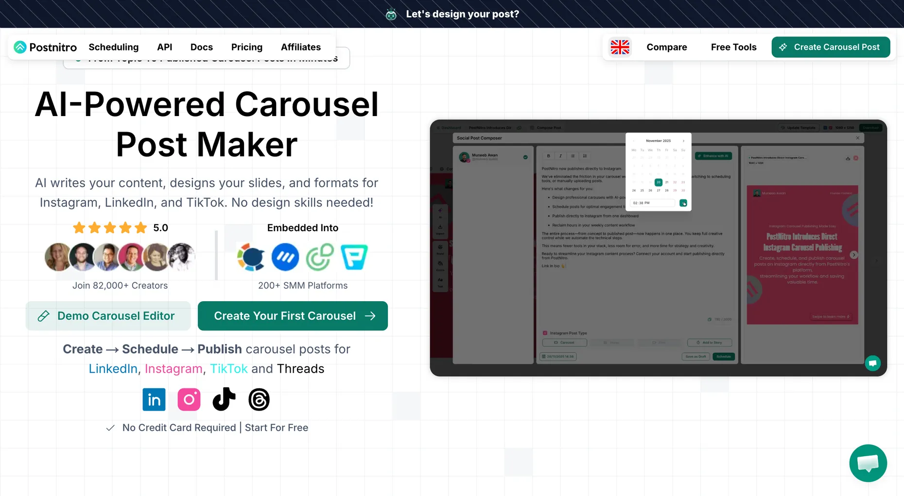 The PostNitro homepage describing an AI-powered carousel post maker for Instagram, LinkedIn, TikTok and Threads, with 82,000 plus creators