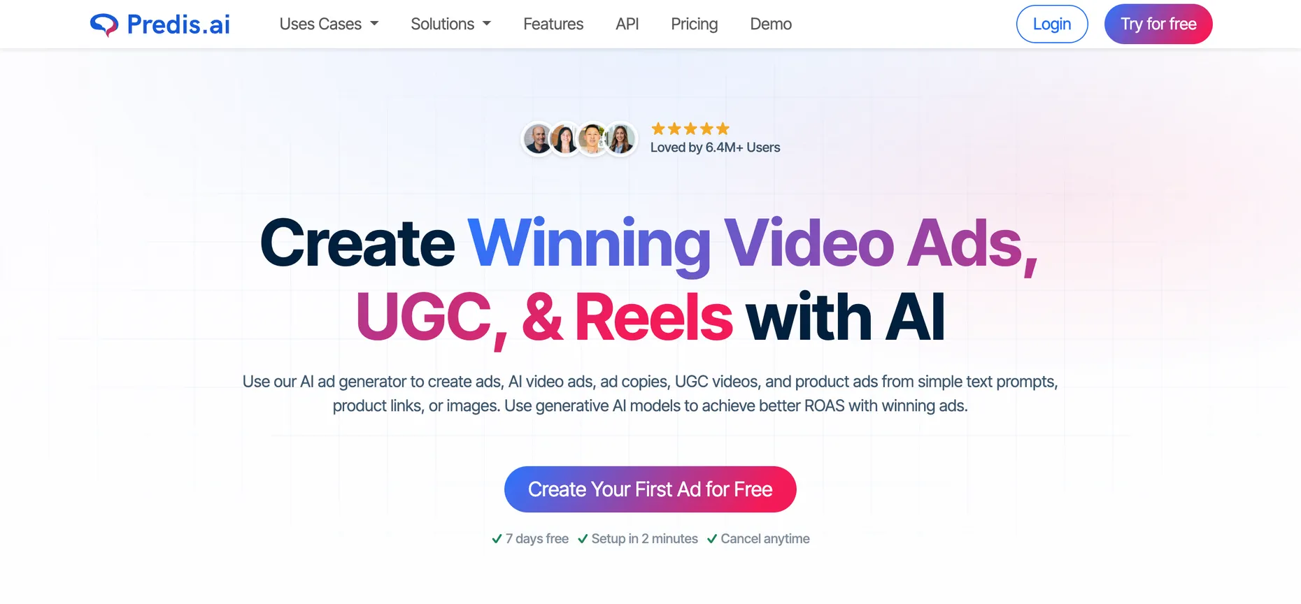 The Predis.ai homepage, headline Create Winning Video Ads, UGC and Reels with AI, noting 6.4 million plus users and a 7-day free trial