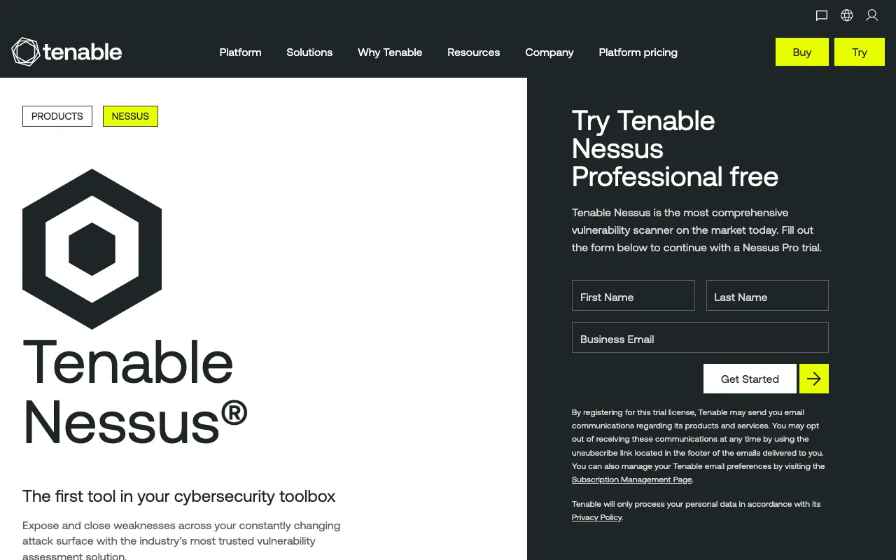 Tenable Nessus homepage screenshot