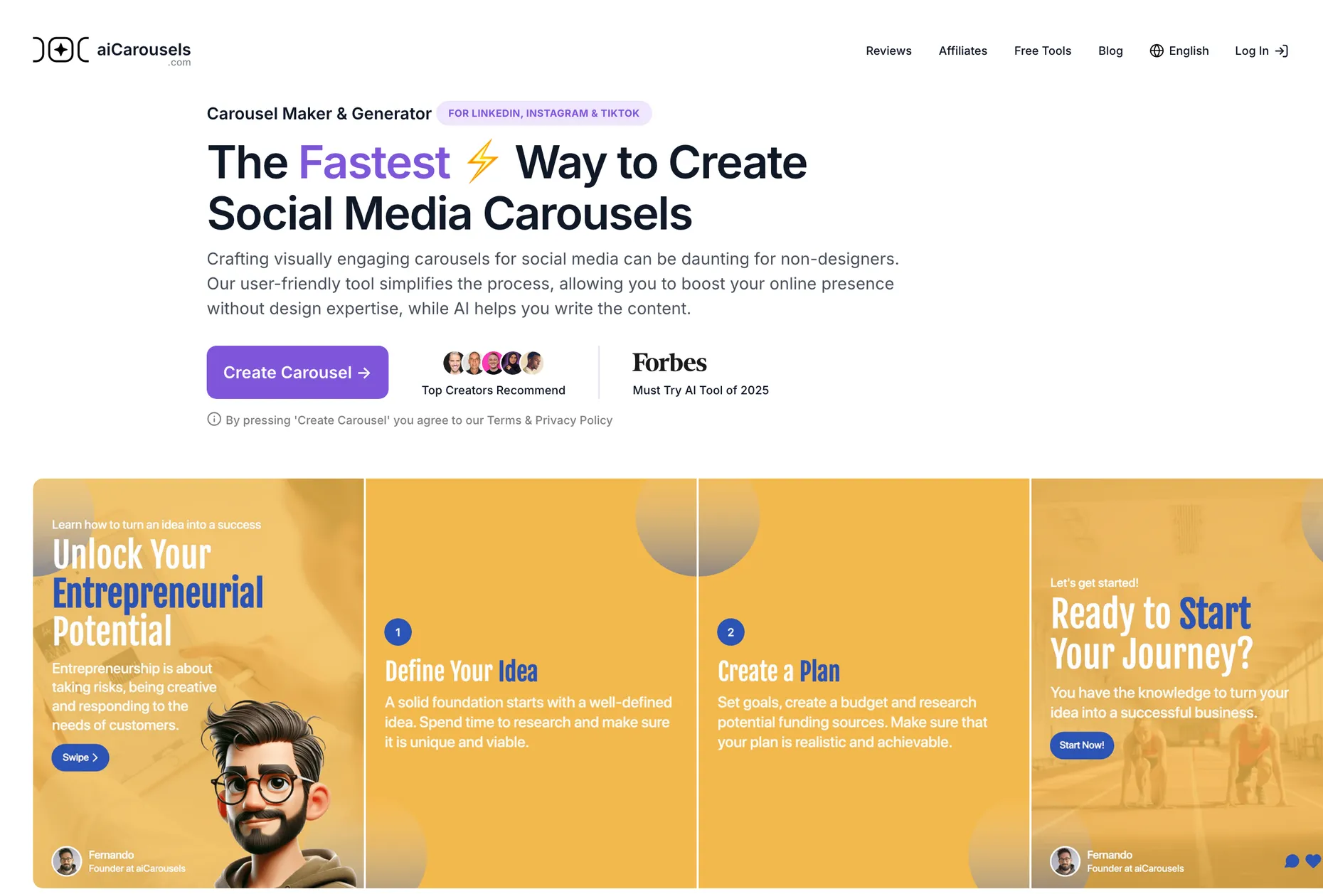 AI Carousels homepage with example carousel slides for LinkedIn, Instagram and TikTok