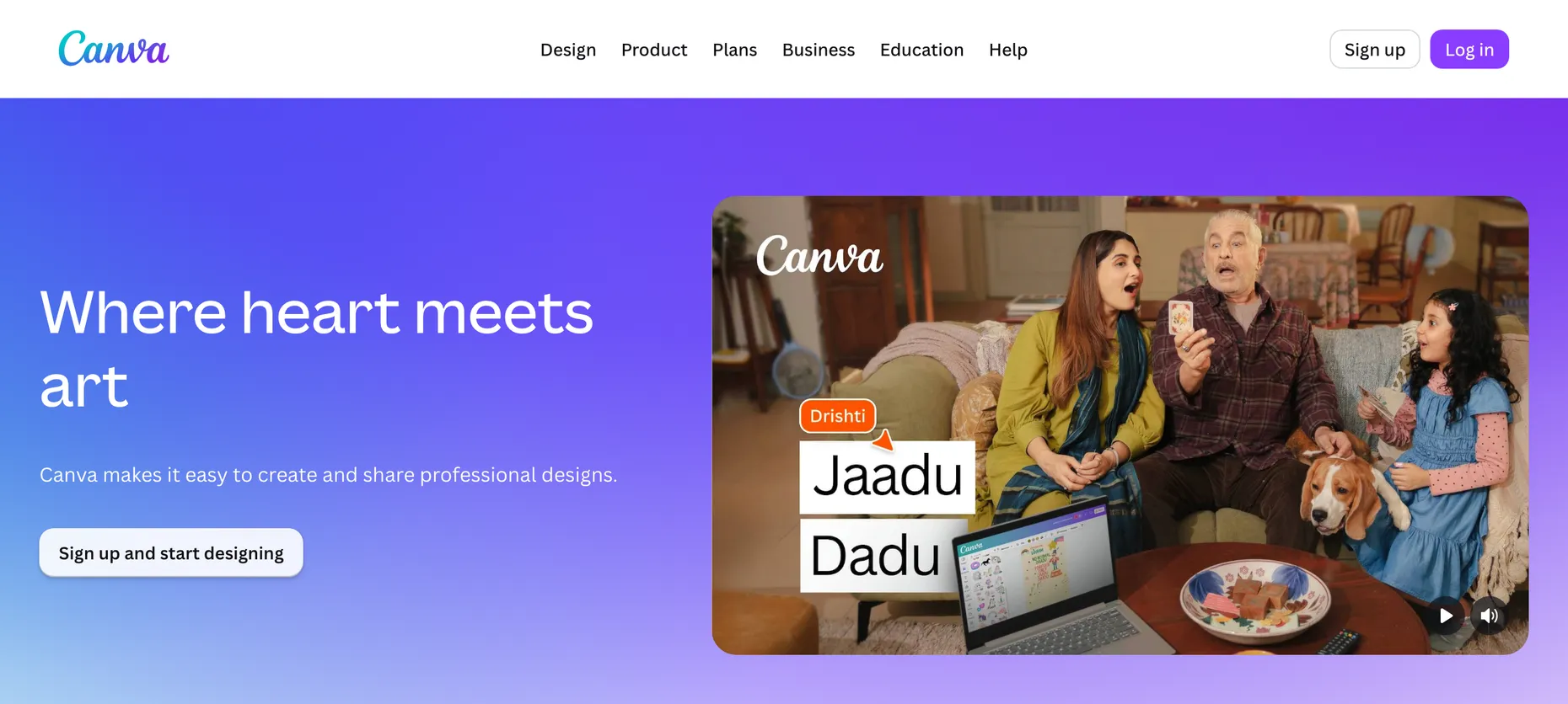 Canva homepage, a general design tool with templates and AI tools