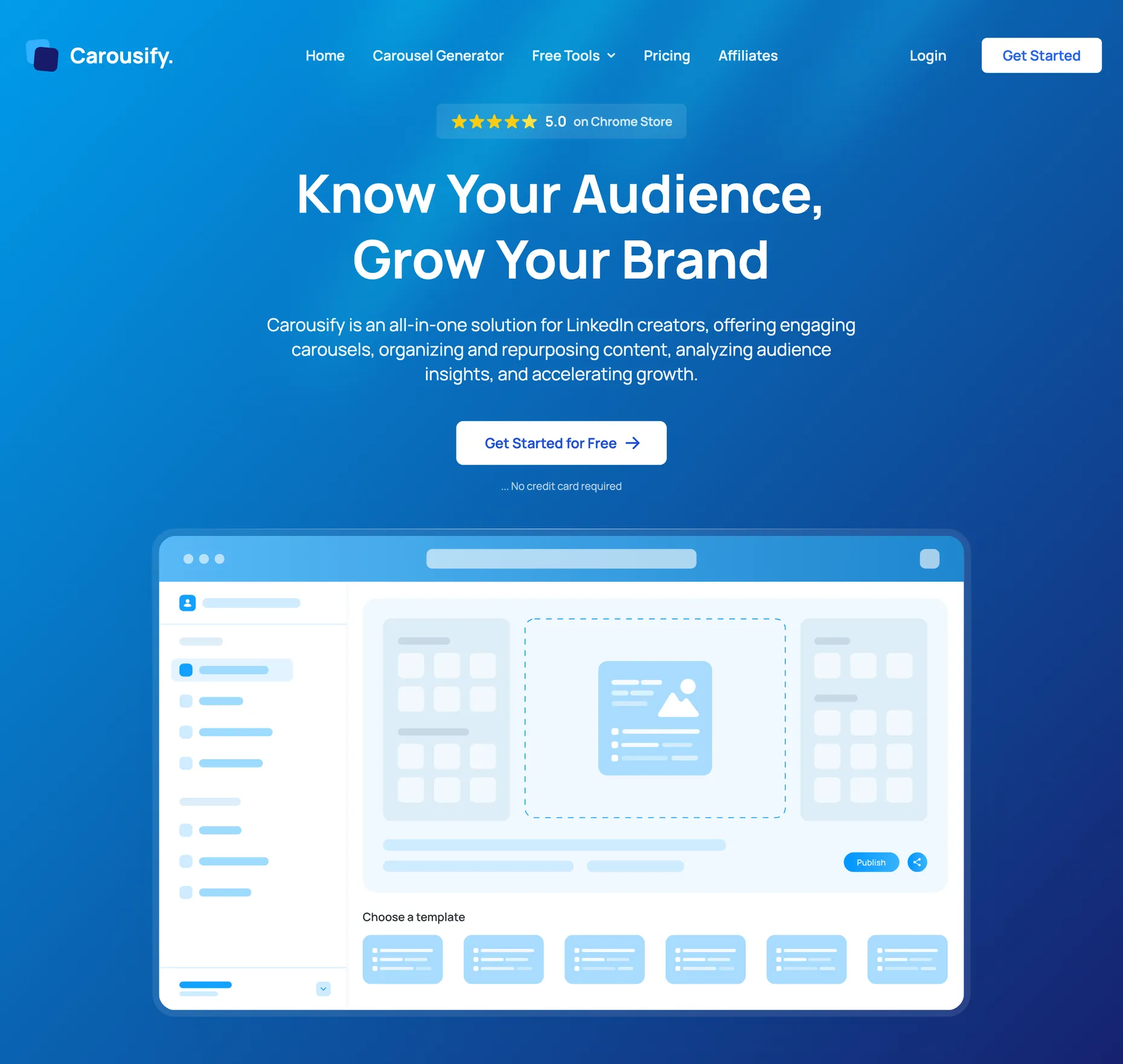 The Carousify homepage, an all-in-one LinkedIn carousel and growth tool, showing the editor and template picker