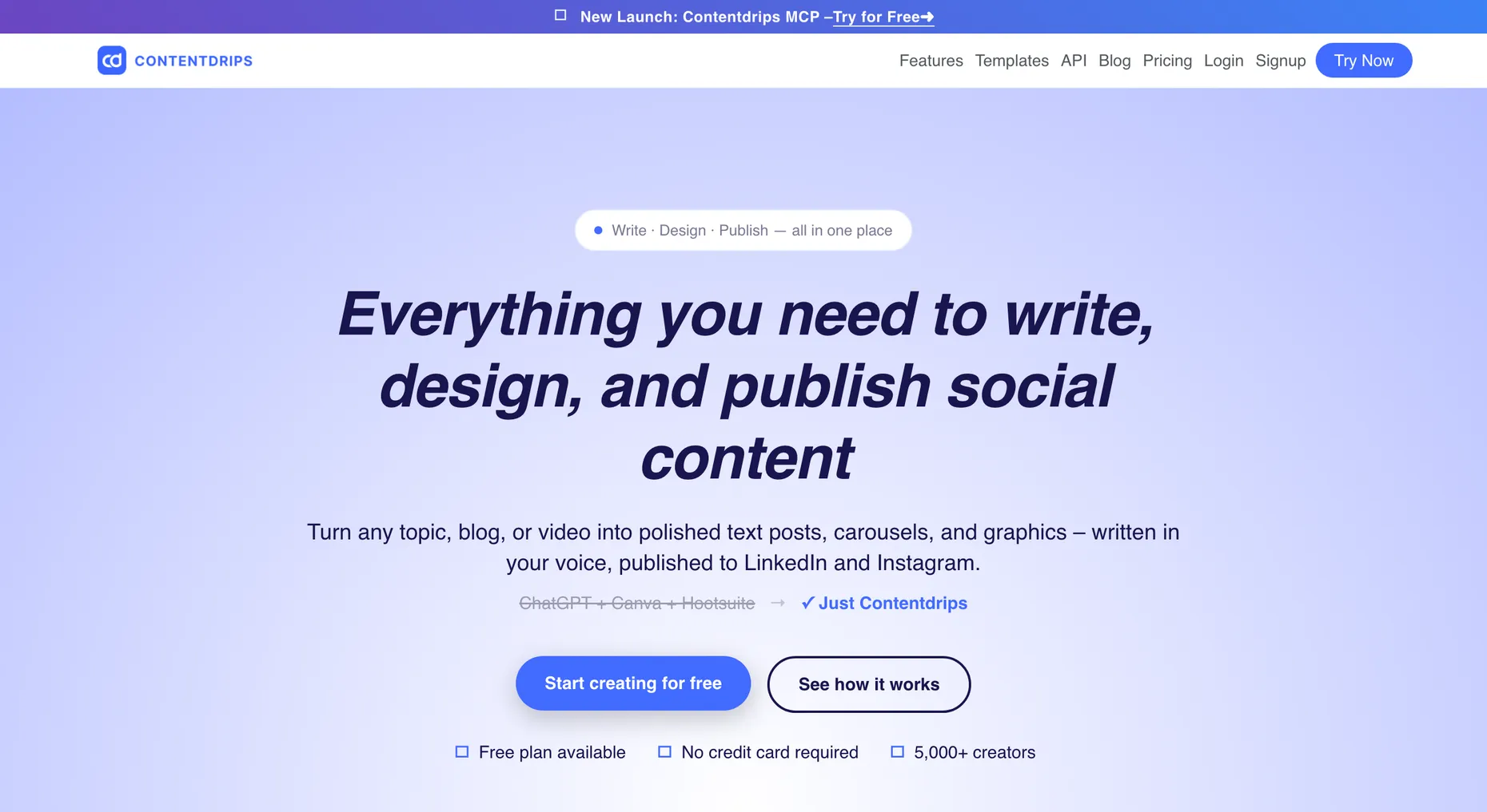 Contentdrips homepage for writing, designing and publishing social content
