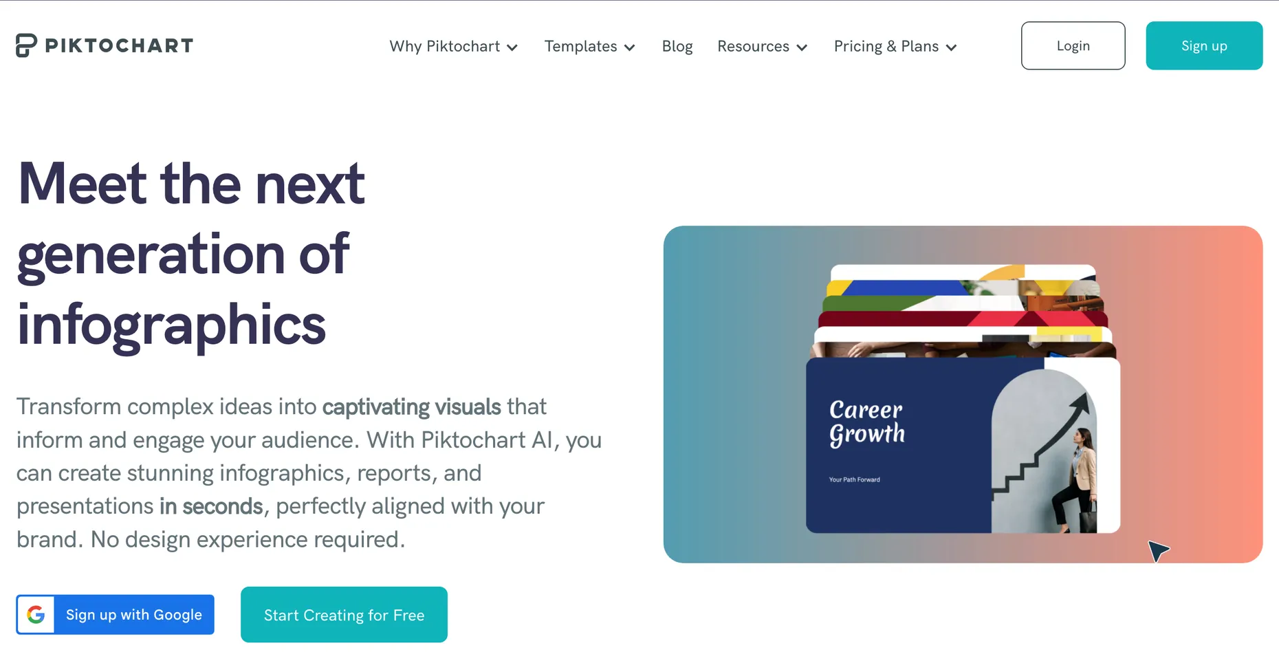Piktochart homepage showing AI infographic and visual generation